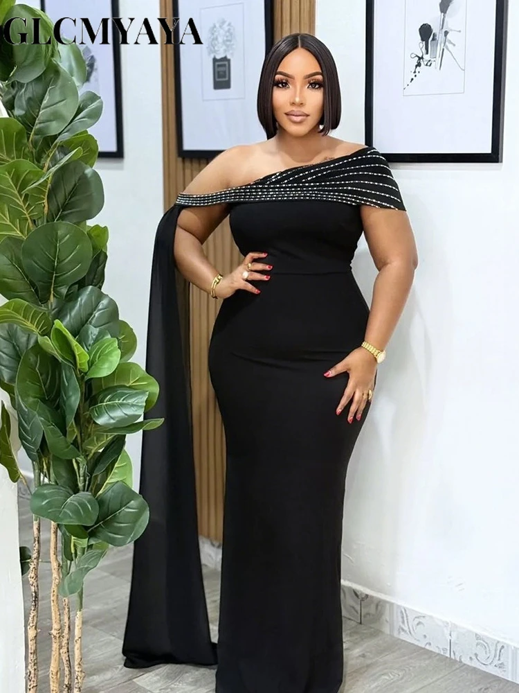 GLCMYAYA Street Women Diamonds Hot Rhinestones Skew Collar Bodycon Maxi Long Dress Fall Vacation Evening Party Dresses Vestidos