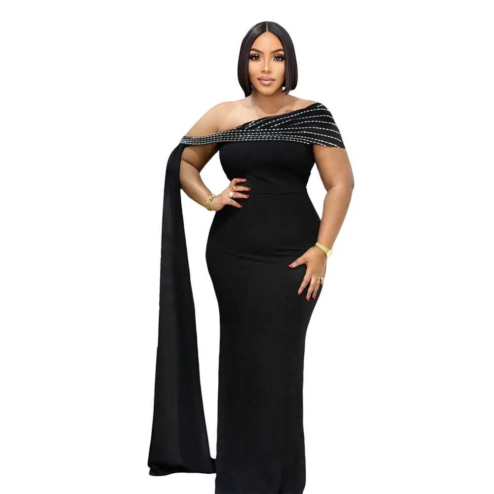 GLCMYAYA Street Women Diamonds Hot Rhinestones Skew Collar Bodycon Maxi Long Dress Fall Vacation Evening Party Dresses Vestidos
