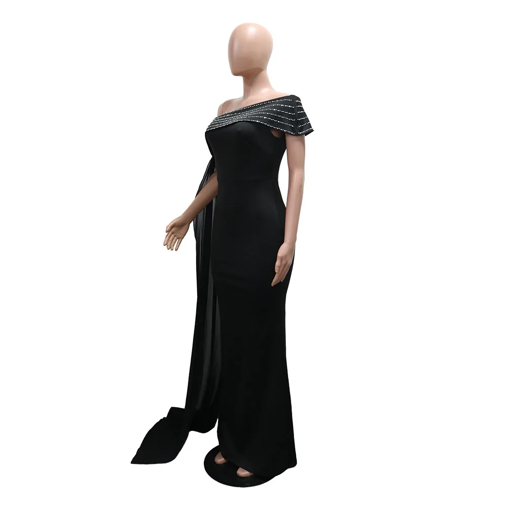 GLCMYAYA Street Women Diamonds Hot Rhinestones Skew Collar Bodycon Maxi Long Dress Fall Vacation Evening Party Dresses Vestidos