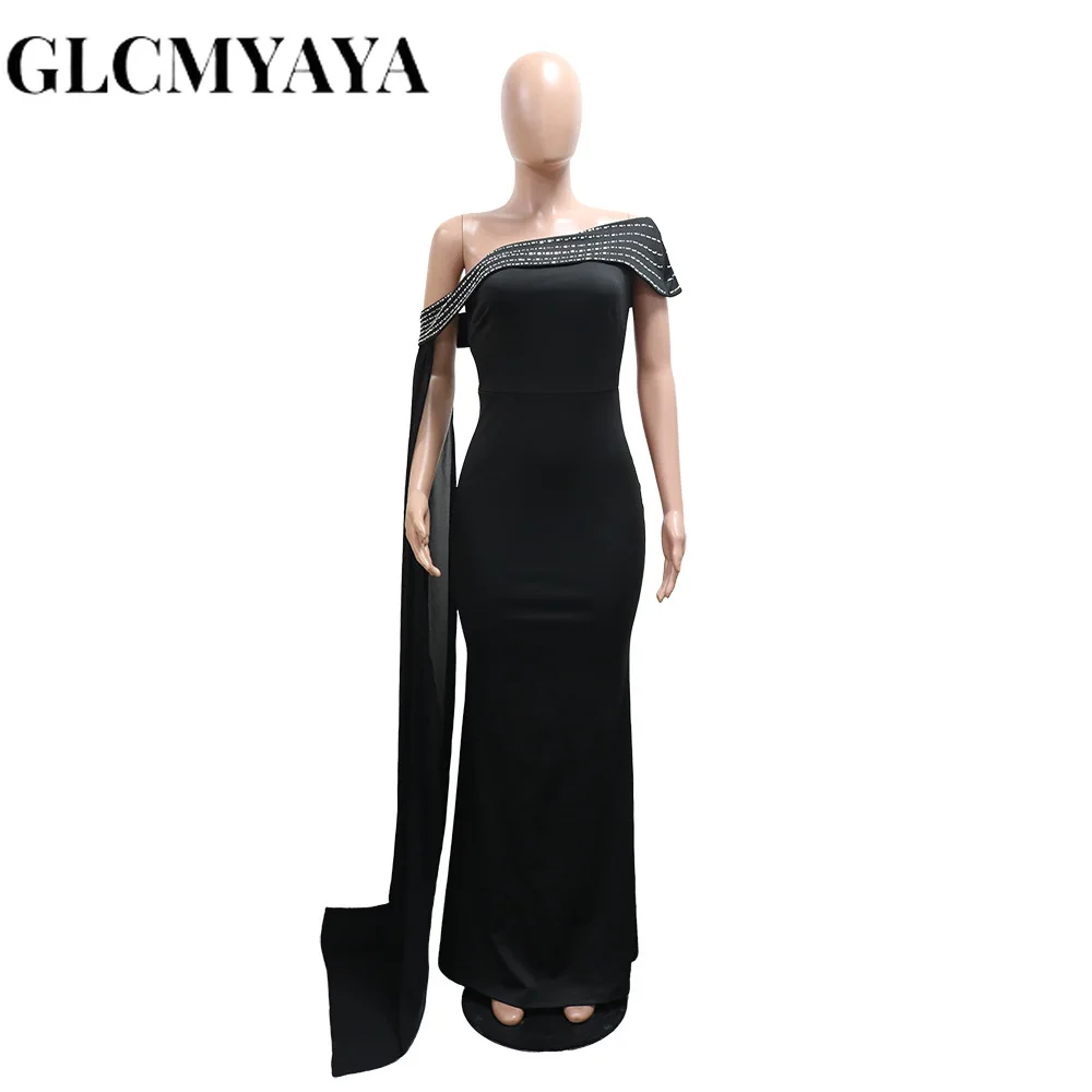 GLCMYAYA Street Women Diamonds Hot Rhinestones Skew Collar Bodycon Maxi Long Dress Fall Vacation Evening Party Dresses Vestidos