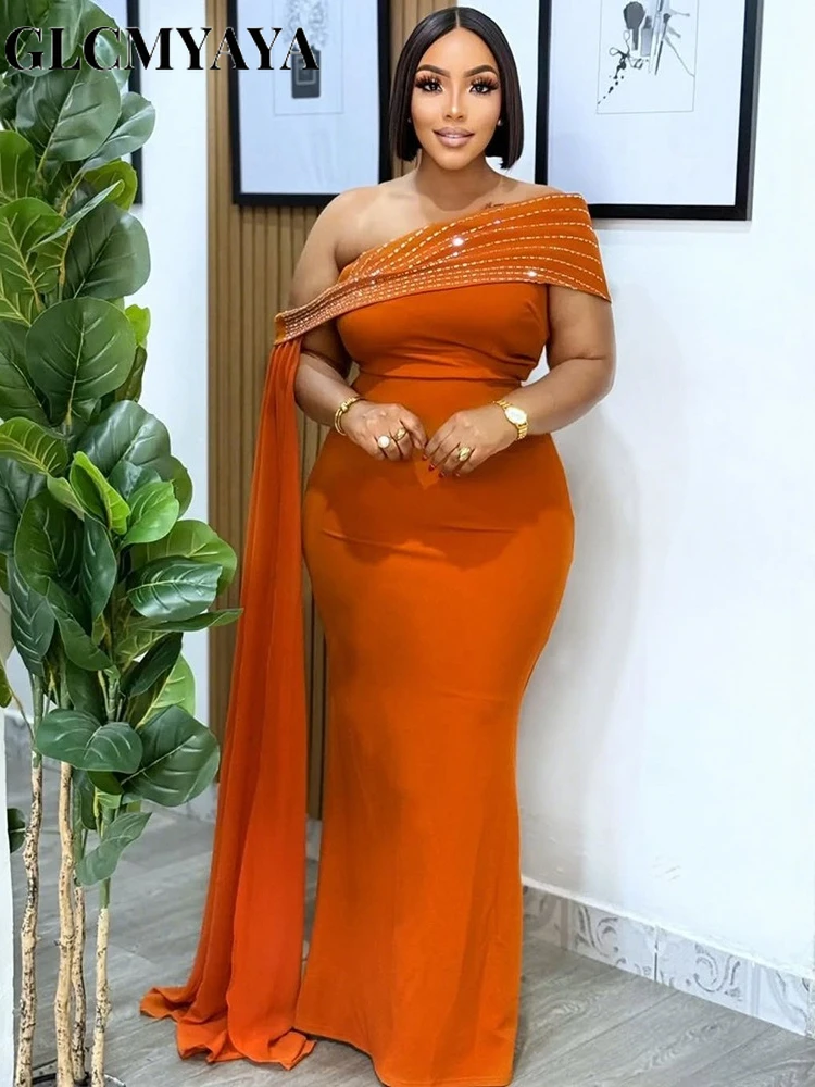 GLCMYAYA Street Women Diamonds Hot Rhinestones Skew Collar Bodycon Maxi Long Dress Fall Vacation Evening Party Dresses Vestidos