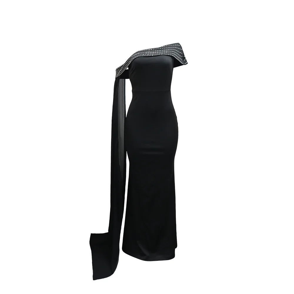 GLCMYAYA Street Women Diamonds Hot Rhinestones Skew Collar Bodycon Maxi Long Dress Fall Vacation Evening Party Dresses Vestidos