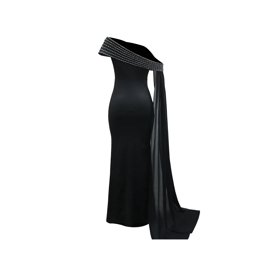 GLCMYAYA Street Women Diamonds Hot Rhinestones Skew Collar Bodycon Maxi Long Dress Fall Vacation Evening Party Dresses Vestidos