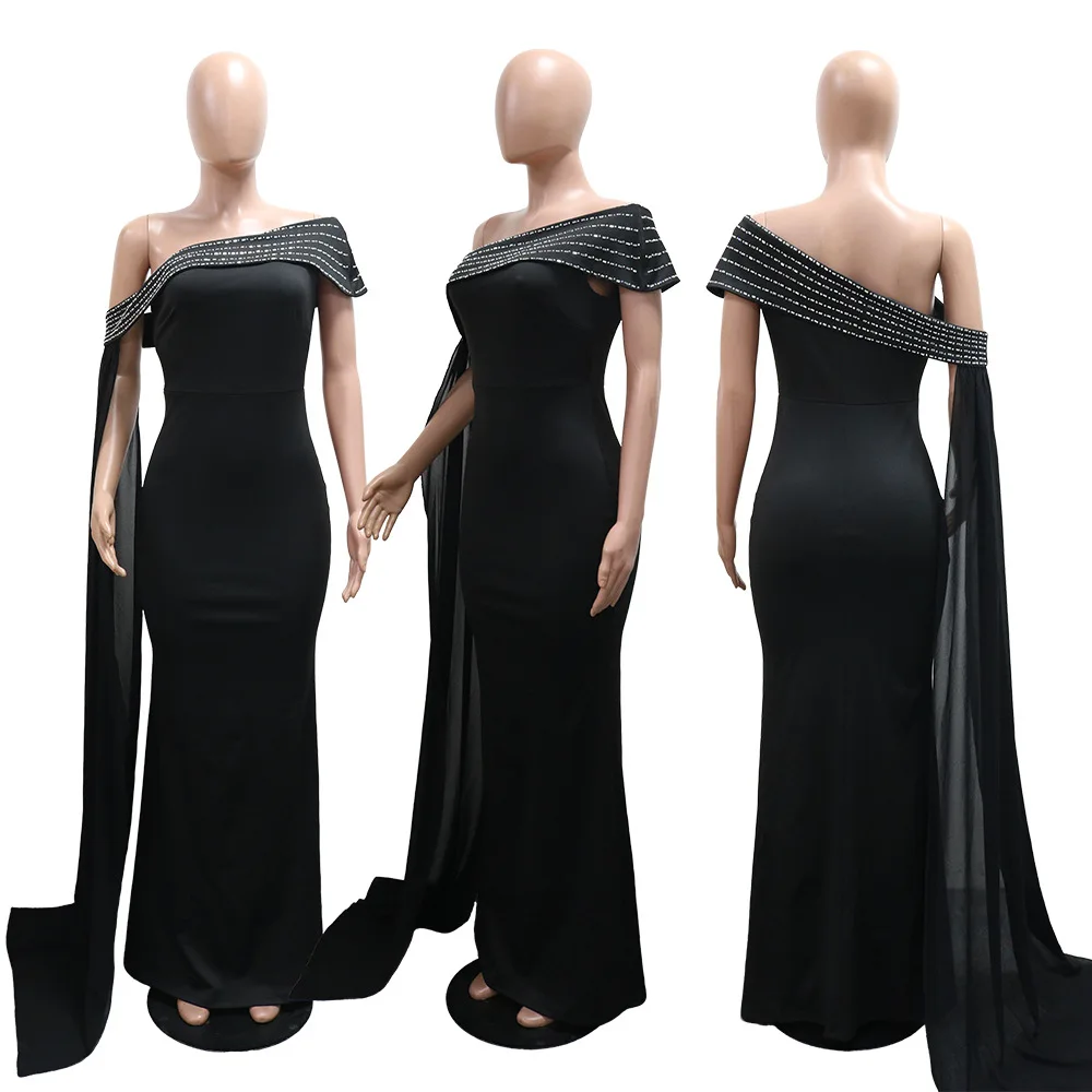 GLCMYAYA Street Women Diamonds Hot Rhinestones Skew Collar Bodycon Maxi Long Dress Fall Vacation Evening Party Dresses Vestidos