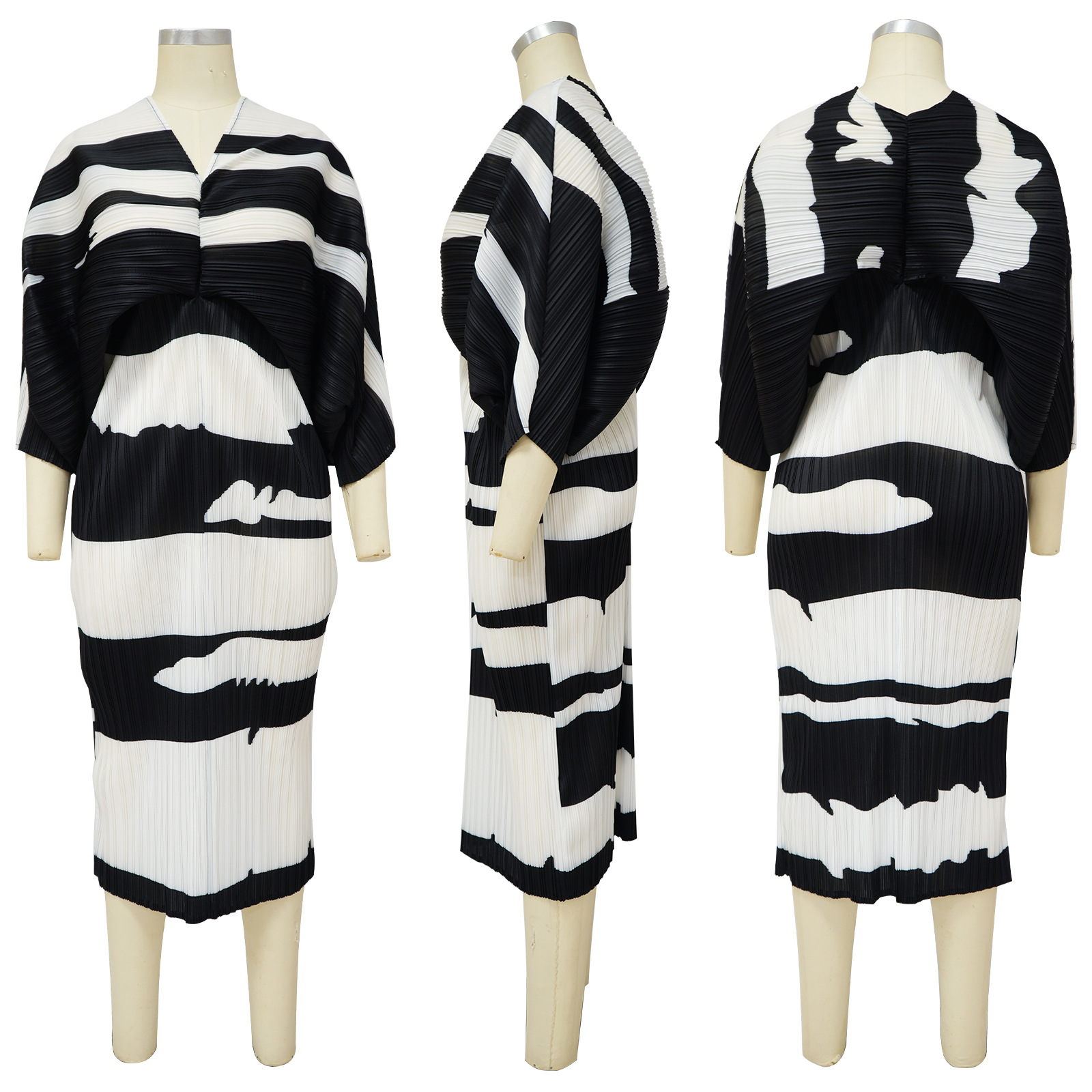 CM.YAYA Elegant Women Pleated Patchwork Double Wear Batwing Long Sleeve V-neck Bodycon Midi Maxi Long Dresses Vestidos