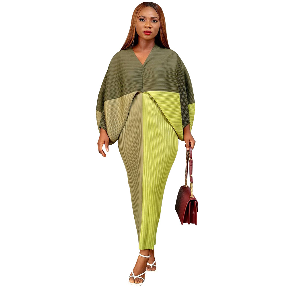 CM.YAYA Elegant Women Pleated Patchwork Double Wear Batwing Long Sleeve V-neck Bodycon Midi Maxi Long Dresses Vestidos