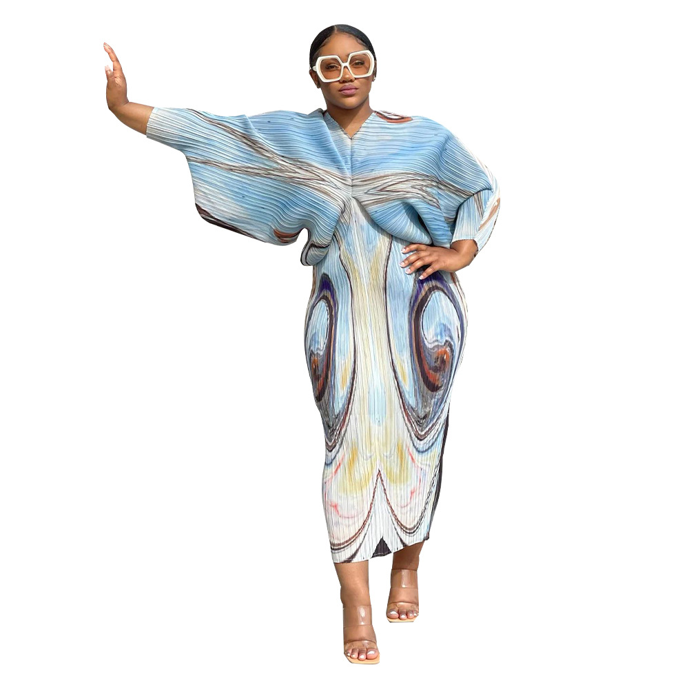 CM.YAYA Elegant Women Pleated Patchwork Double Wear Batwing Long Sleeve V-neck Bodycon Midi Maxi Long Dresses Vestidos