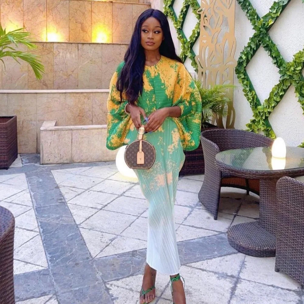 CM.YAYA Elegant Women Pleated Patchwork Double Wear Batwing Long Sleeve V-neck Bodycon Midi Maxi Long Dresses Vestidos