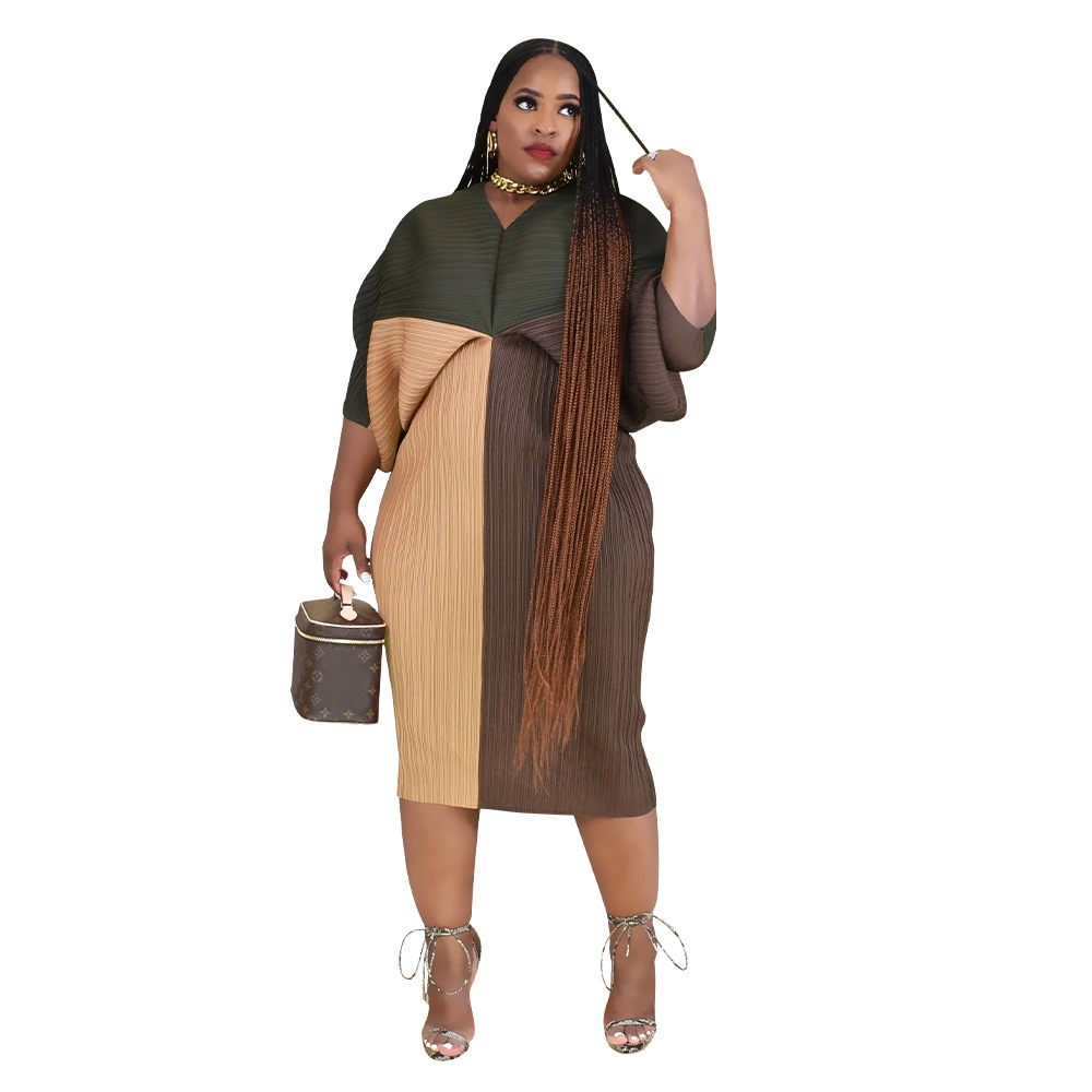 CM.YAYA Elegant Women Pleated Patchwork Double Wear Batwing Long Sleeve V-neck Bodycon Midi Maxi Long Dresses Vestidos