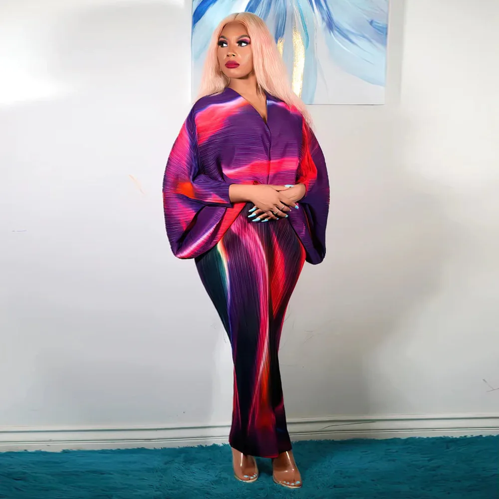 CM.YAYA Elegant Women Pleated Patchwork Double Wear Batwing Long Sleeve V-neck Bodycon Midi Maxi Long Dresses Vestidos