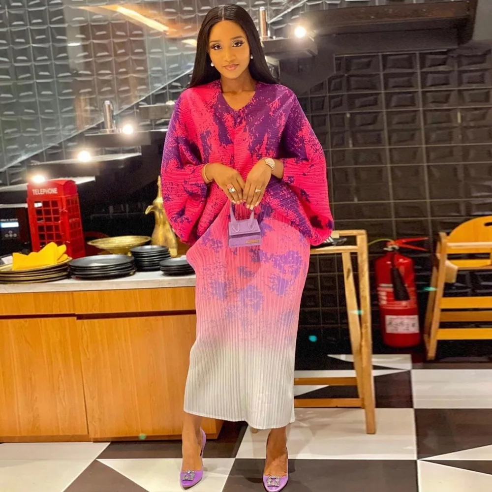 CM.YAYA Elegant Women Pleated Patchwork Double Wear Batwing Long Sleeve V-neck Bodycon Midi Maxi Long Dresses Vestidos