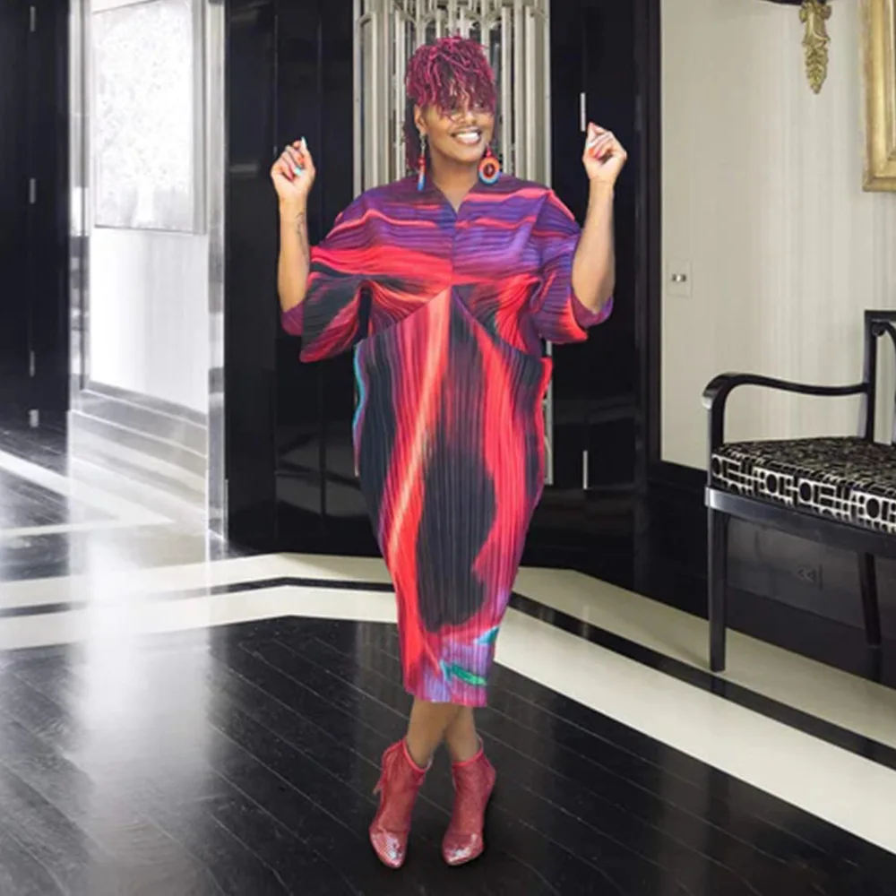 CM.YAYA Elegant Women Pleated Patchwork Double Wear Batwing Long Sleeve V-neck Bodycon Midi Maxi Long Dresses Vestidos