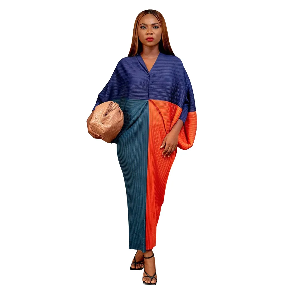 CM.YAYA Elegant Women Pleated Patchwork Double Wear Batwing Long Sleeve V-neck Bodycon Midi Maxi Long Dresses Vestidos