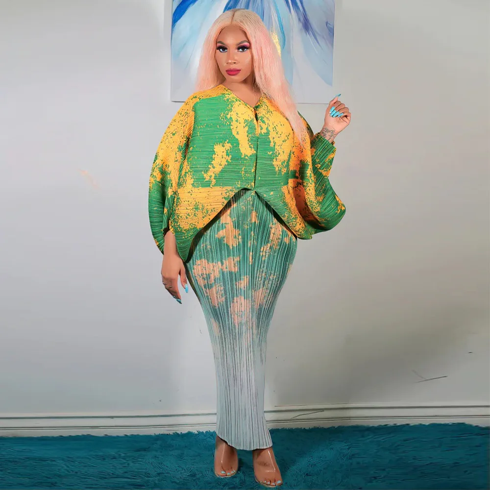 CM.YAYA Elegant Women Pleated Patchwork Double Wear Batwing Long Sleeve V-neck Bodycon Midi Maxi Long Dresses Vestidos