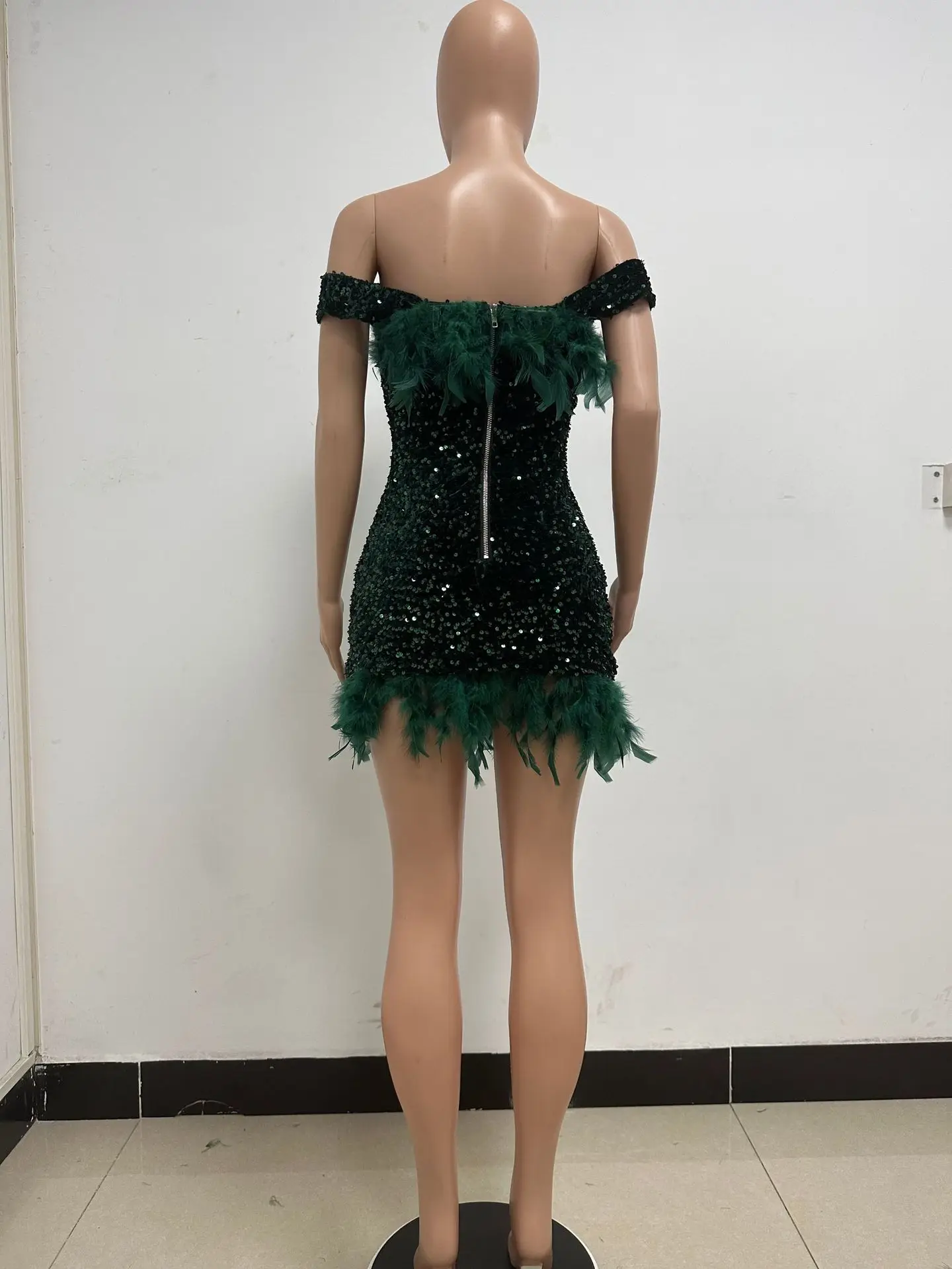 CM.YAYA Women Feather Splicing Off Shoulder Sequined Bodycon Midi Dress 2023 Vestidos Sexy Party Evening Vestidos Dresses