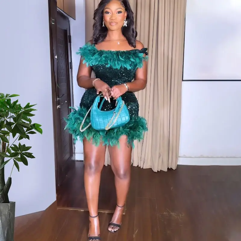 CM.YAYA Women Feather Splicing Off Shoulder Sequined Bodycon Midi Dress 2023 Vestidos Sexy Party Evening Vestidos Dresses