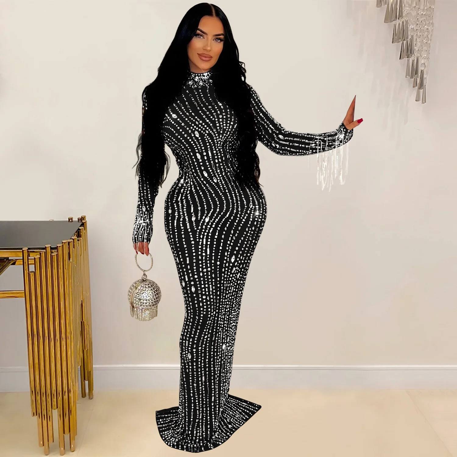 CM.YAYA 2024 Women Long Sleeve Mesh See Through Diamonds Hot Rhinestones Bodycon Dress Woman Maxi Long Evening Birthday Dresses