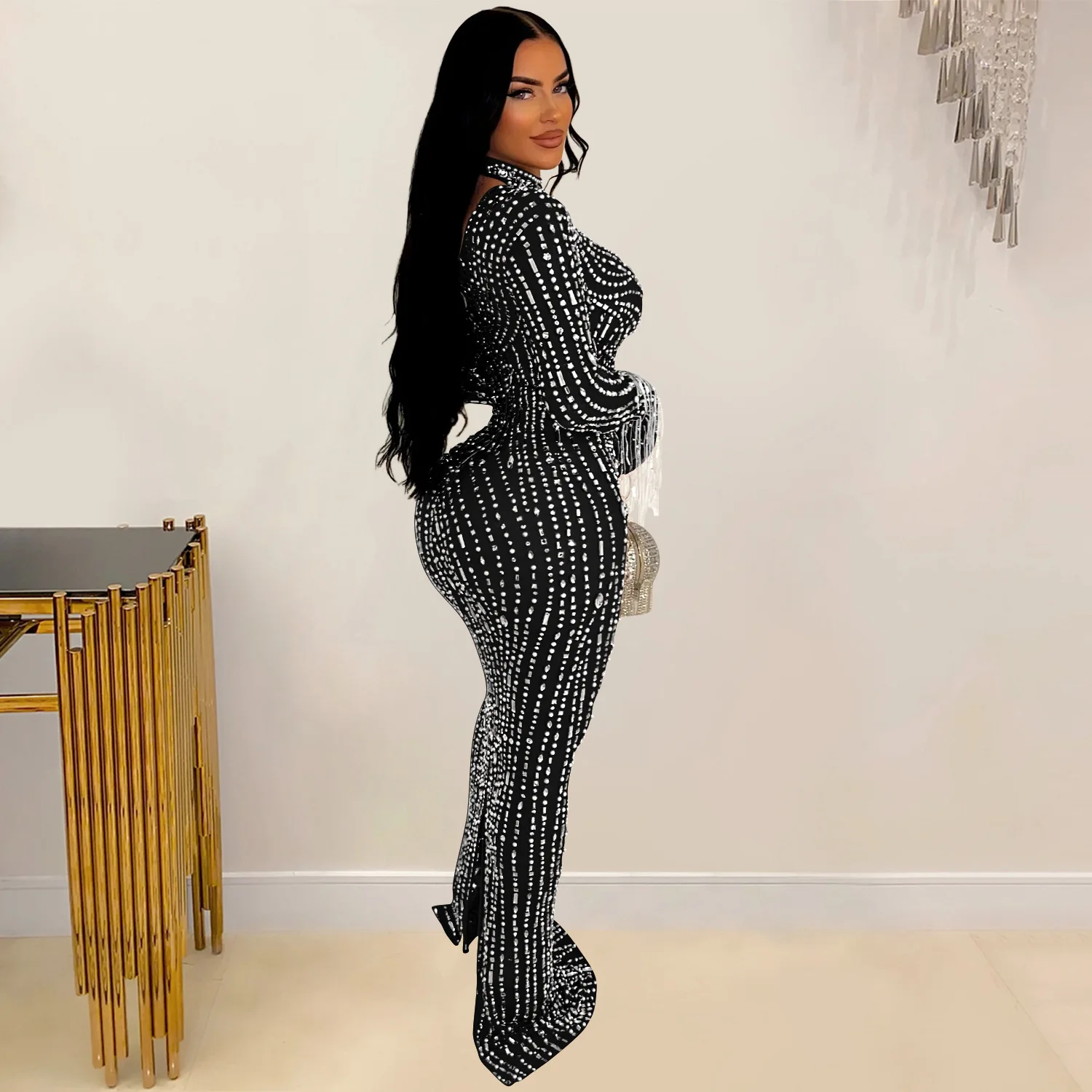 CM.YAYA 2024 Women Long Sleeve Mesh See Through Diamonds Hot Rhinestones Bodycon Dress Woman Maxi Long Evening Birthday Dresses