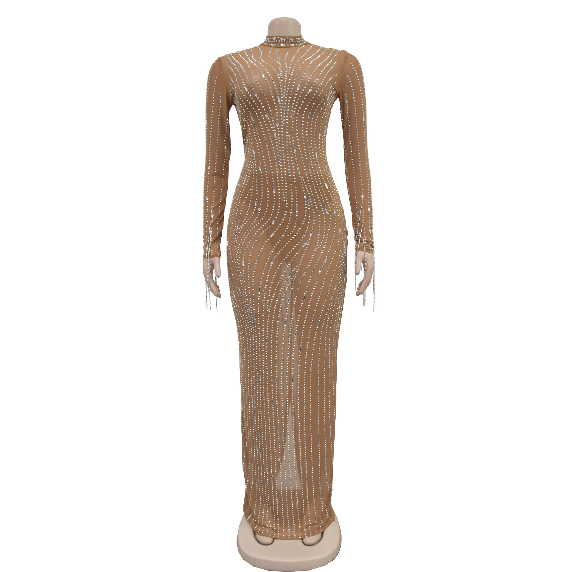CM.YAYA 2024 Women Long Sleeve Mesh See Through Diamonds Hot Rhinestones Bodycon Dress Woman Maxi Long Evening Birthday Dresses