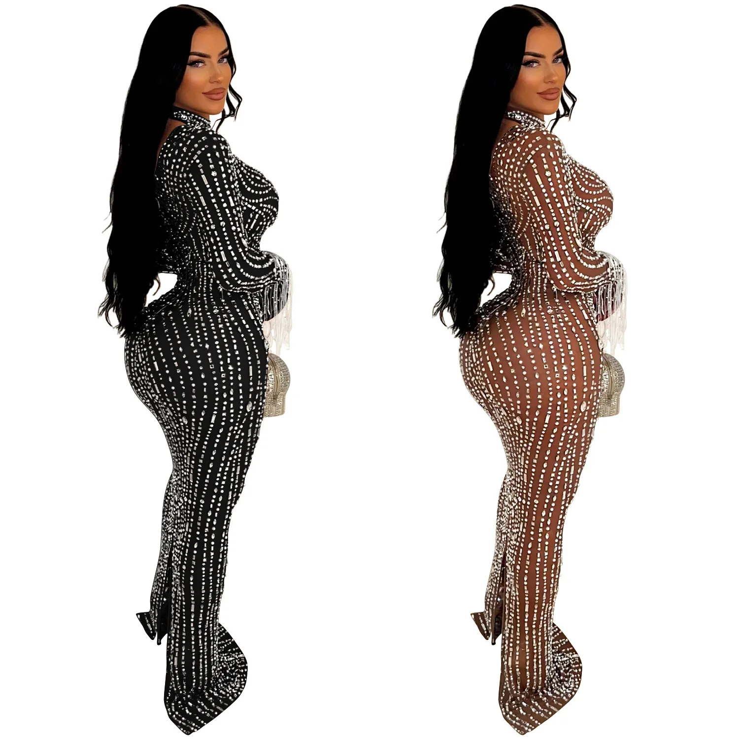 CM.YAYA 2024 Women Long Sleeve Mesh See Through Diamonds Hot Rhinestones Bodycon Dress Woman Maxi Long Evening Birthday Dresses