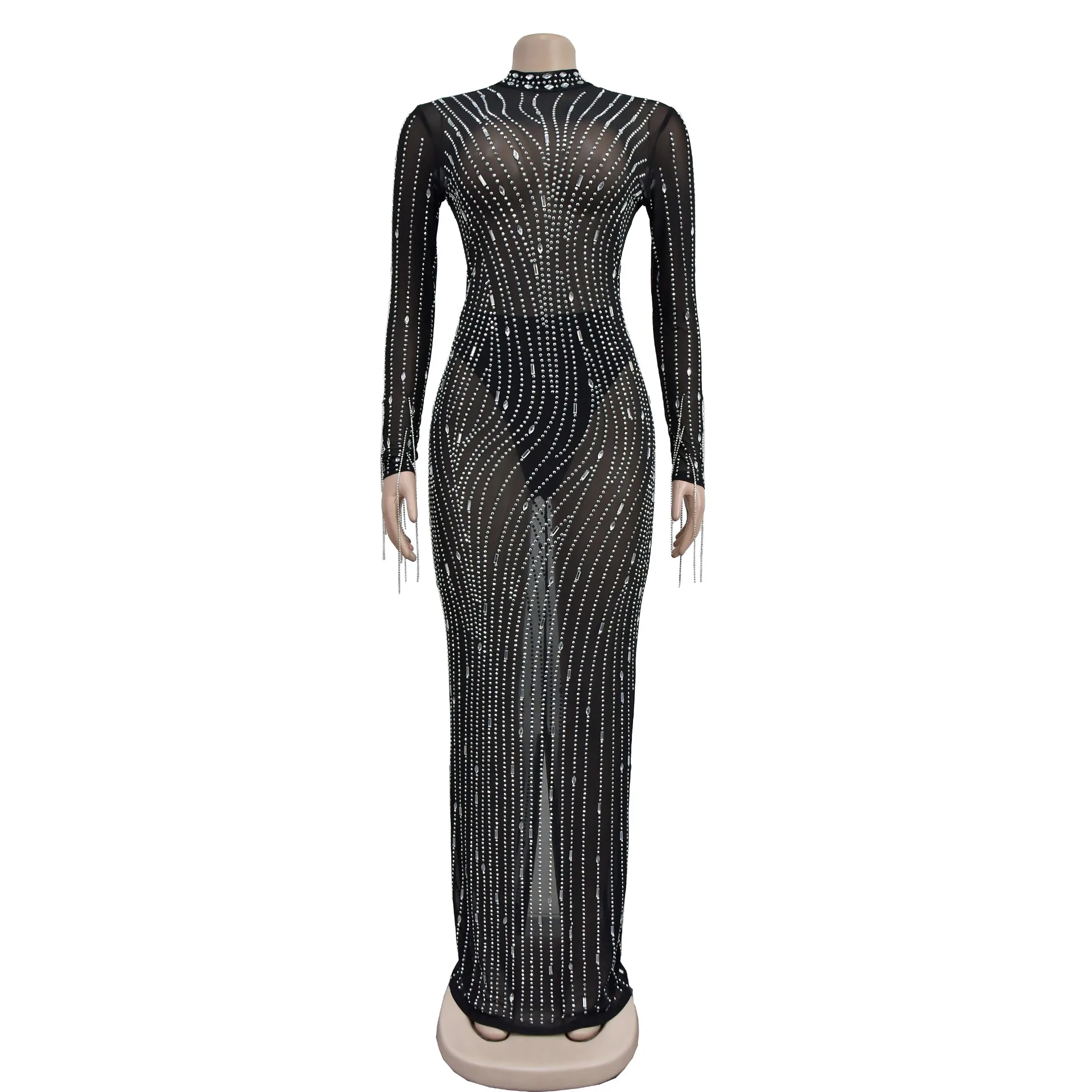 CM.YAYA 2024 Women Long Sleeve Mesh See Through Diamonds Hot Rhinestones Bodycon Dress Woman Maxi Long Evening Birthday Dresses