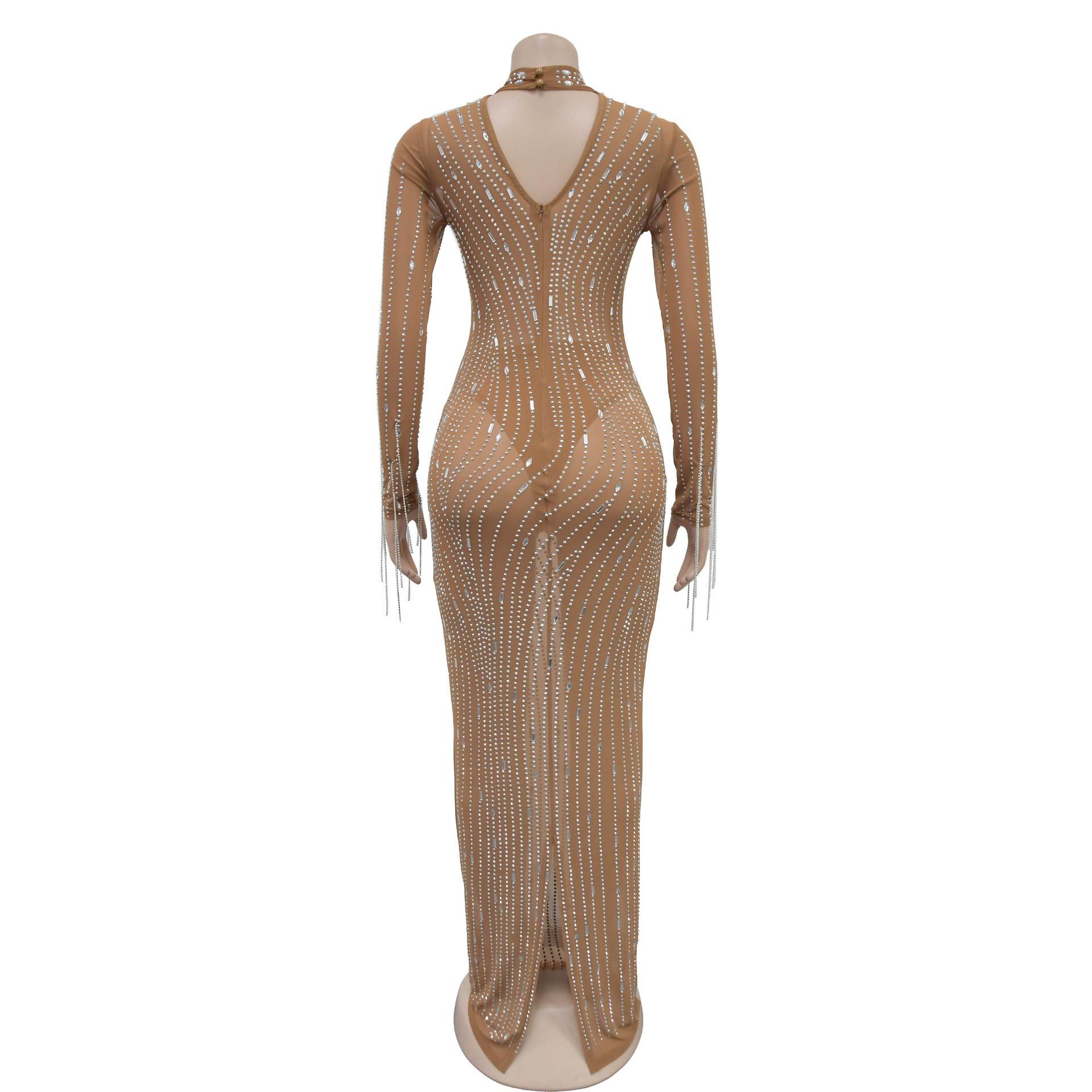 CM.YAYA 2024 Women Long Sleeve Mesh See Through Diamonds Hot Rhinestones Bodycon Dress Woman Maxi Long Evening Birthday Dresses