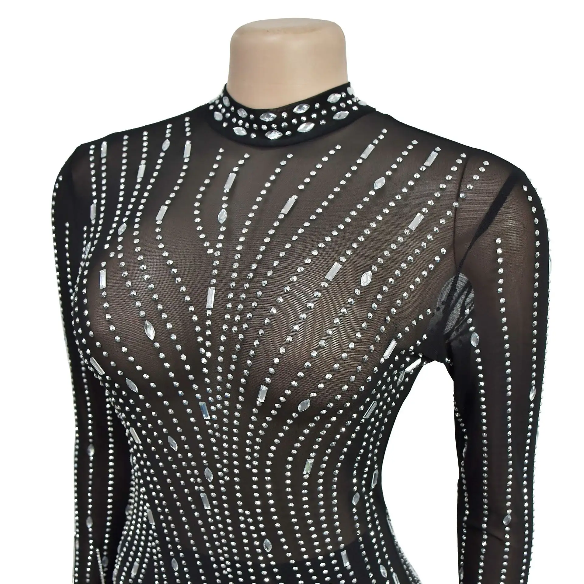 CM.YAYA 2024 Women Long Sleeve Mesh See Through Diamonds Hot Rhinestones Bodycon Dress Woman Maxi Long Evening Birthday Dresses