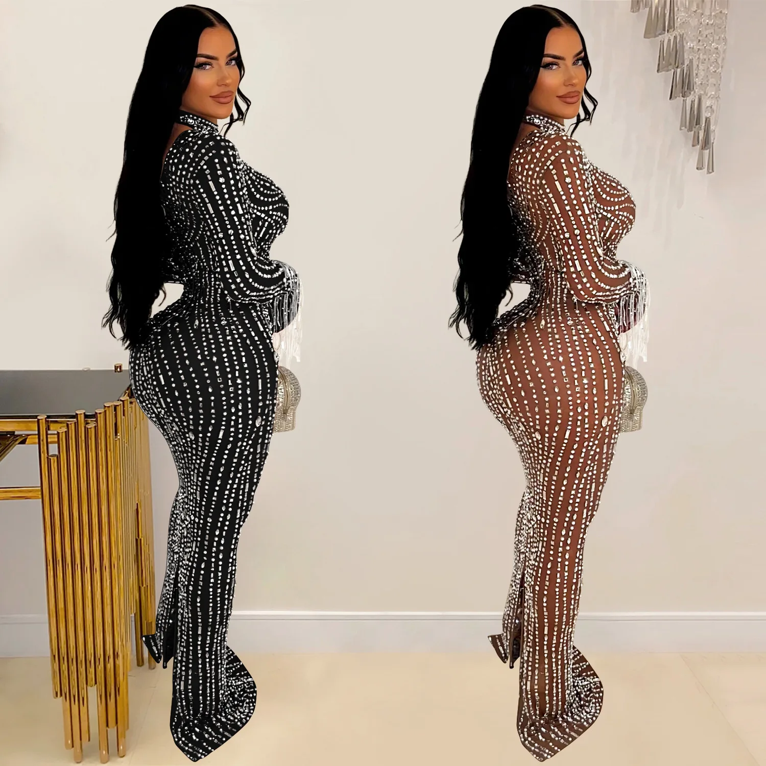 CM.YAYA 2024 Women Long Sleeve Mesh See Through Diamonds Hot Rhinestones Bodycon Dress Woman Maxi Long Evening Birthday Dresses