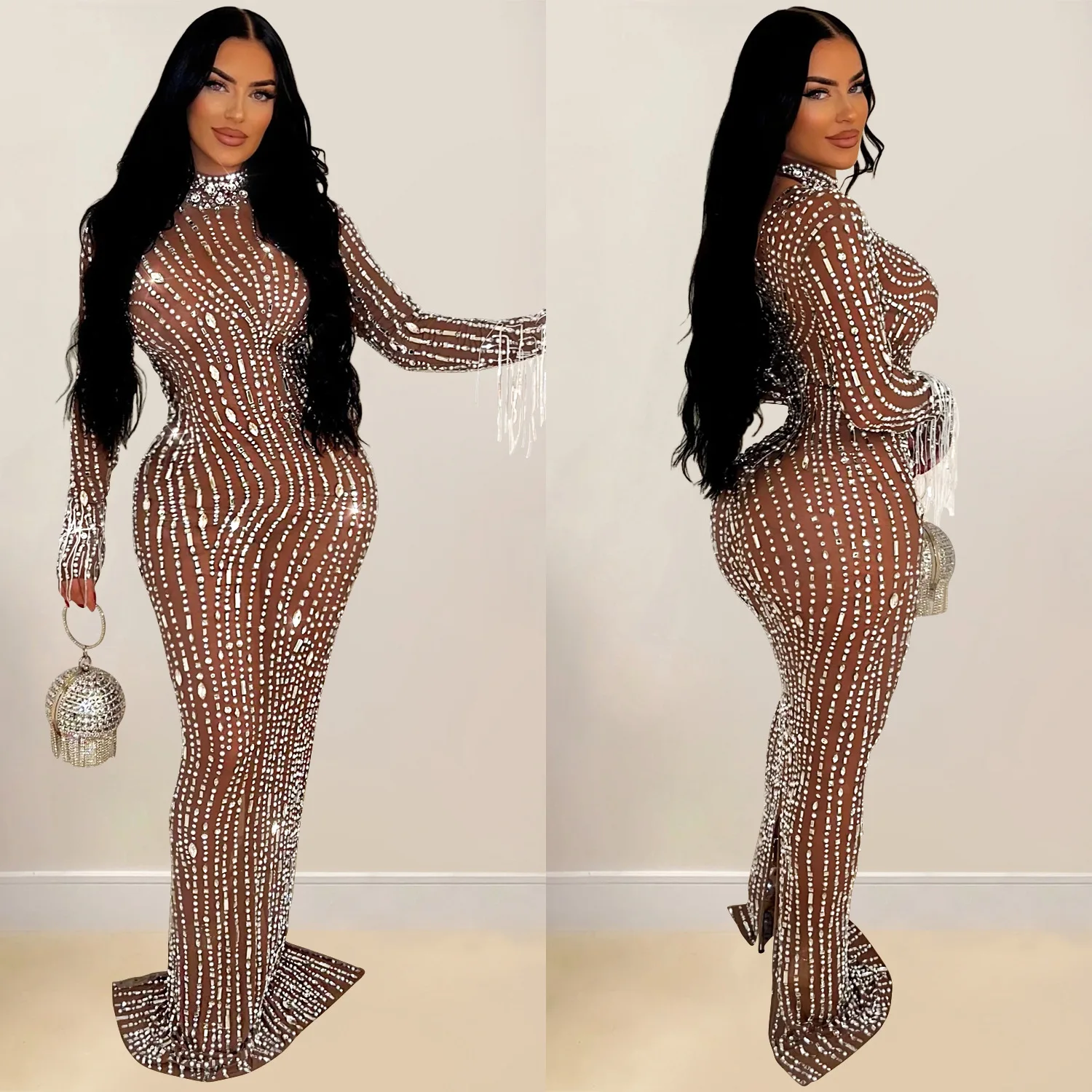 CM.YAYA 2024 Women Long Sleeve Mesh See Through Diamonds Hot Rhinestones Bodycon Dress Woman Maxi Long Evening Birthday Dresses