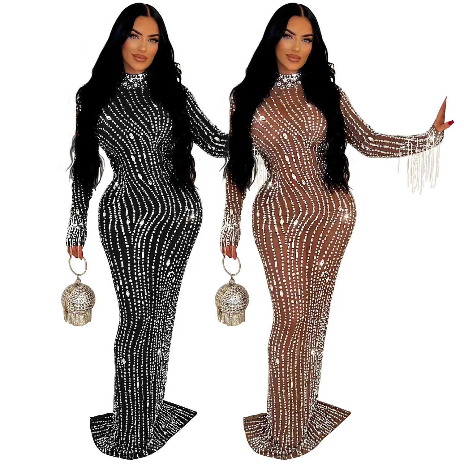 CM.YAYA 2024 Women Long Sleeve Mesh See Through Diamonds Hot Rhinestones Bodycon Dress Woman Maxi Long Evening Birthday Dresses