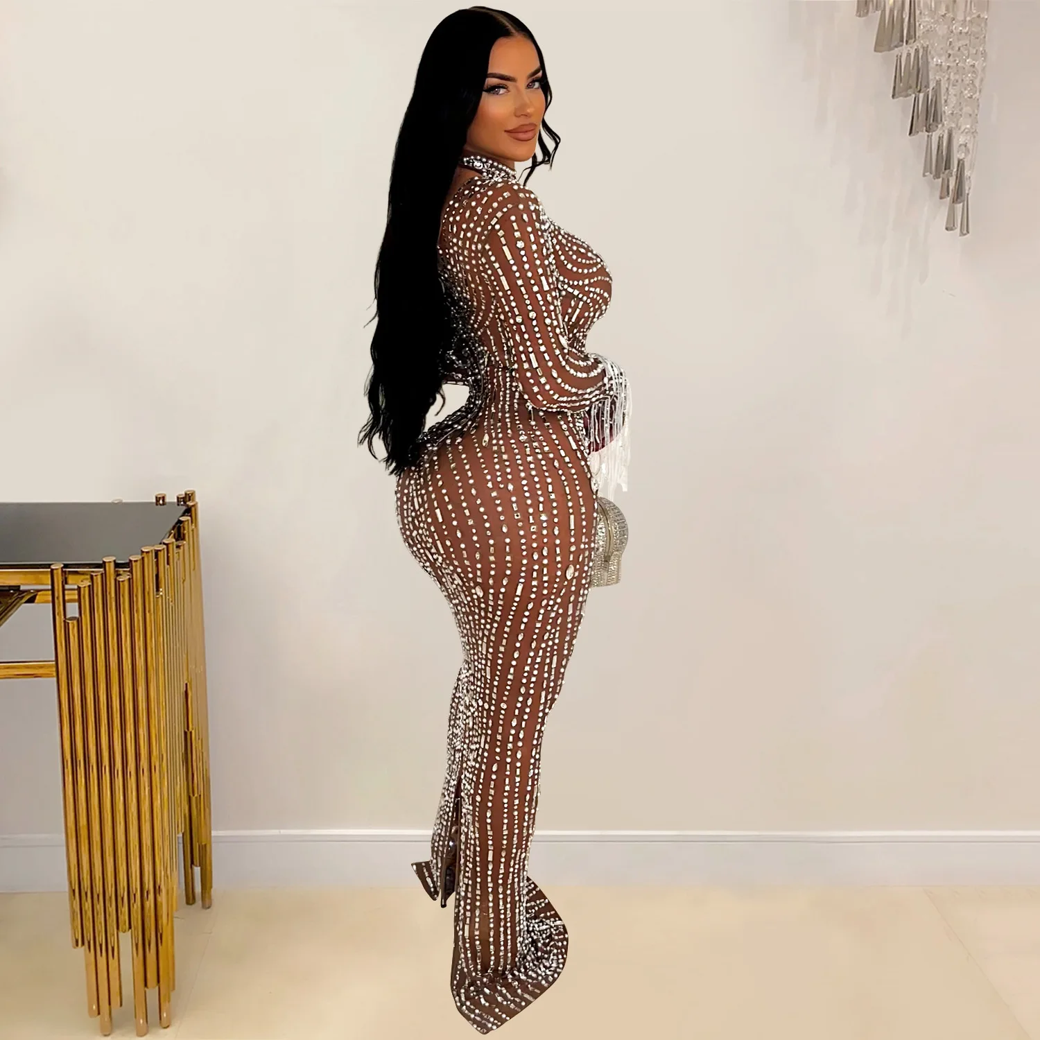 CM.YAYA 2024 Women Long Sleeve Mesh See Through Diamonds Hot Rhinestones Bodycon Dress Woman Maxi Long Evening Birthday Dresses