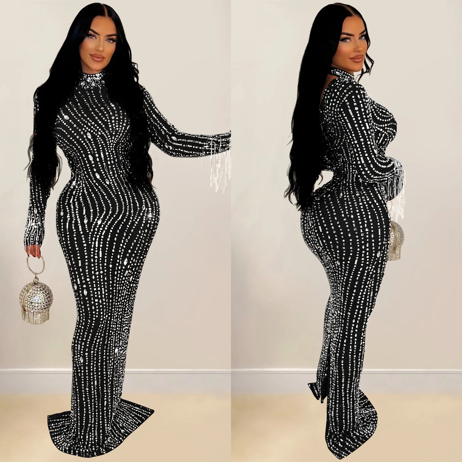 CM.YAYA 2024 Women Long Sleeve Mesh See Through Diamonds Hot Rhinestones Bodycon Dress Woman Maxi Long Evening Birthday Dresses