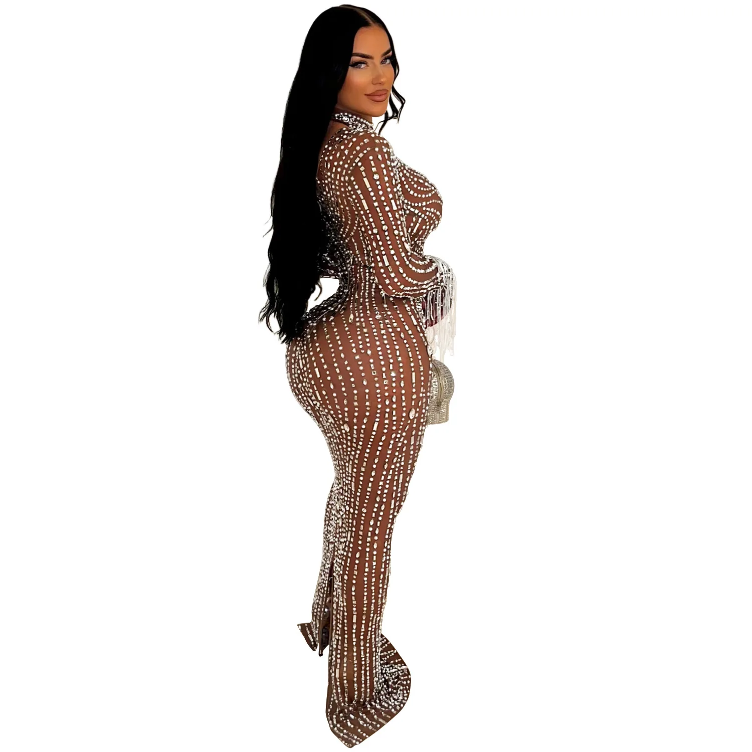 CM.YAYA 2024 Women Long Sleeve Mesh See Through Diamonds Hot Rhinestones Bodycon Dress Woman Maxi Long Evening Birthday Dresses