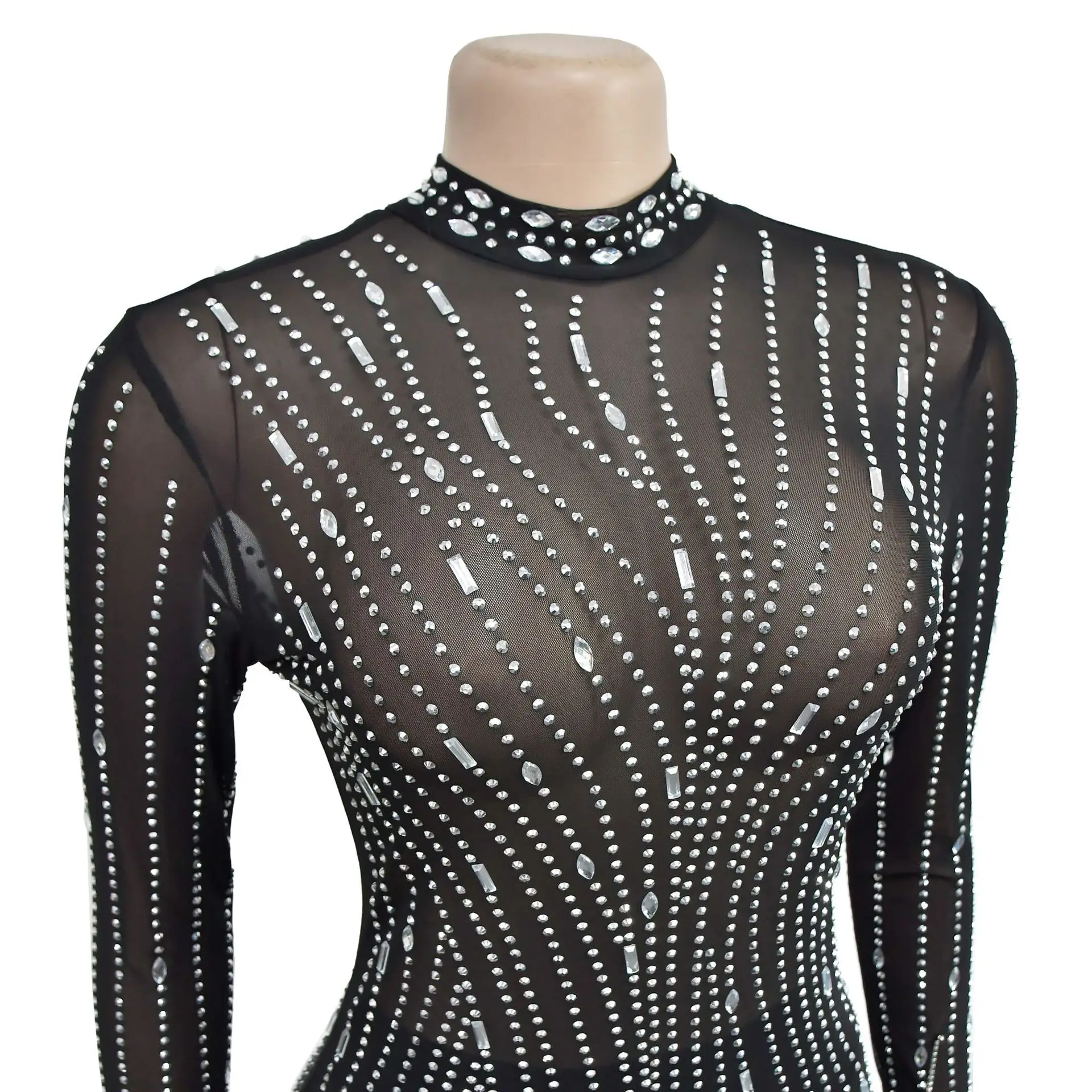 CM.YAYA 2024 Women Long Sleeve Mesh See Through Diamonds Hot Rhinestones Bodycon Dress Woman Maxi Long Evening Birthday Dresses