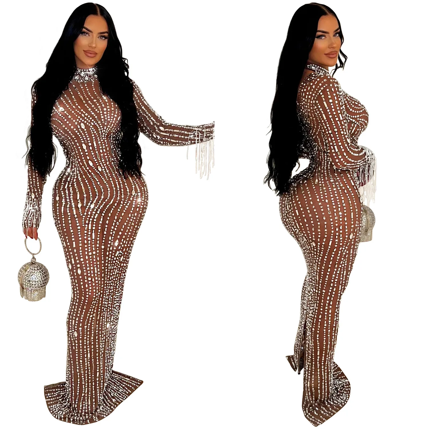 CM.YAYA 2024 Women Long Sleeve Mesh See Through Diamonds Hot Rhinestones Bodycon Dress Woman Maxi Long Evening Birthday Dresses