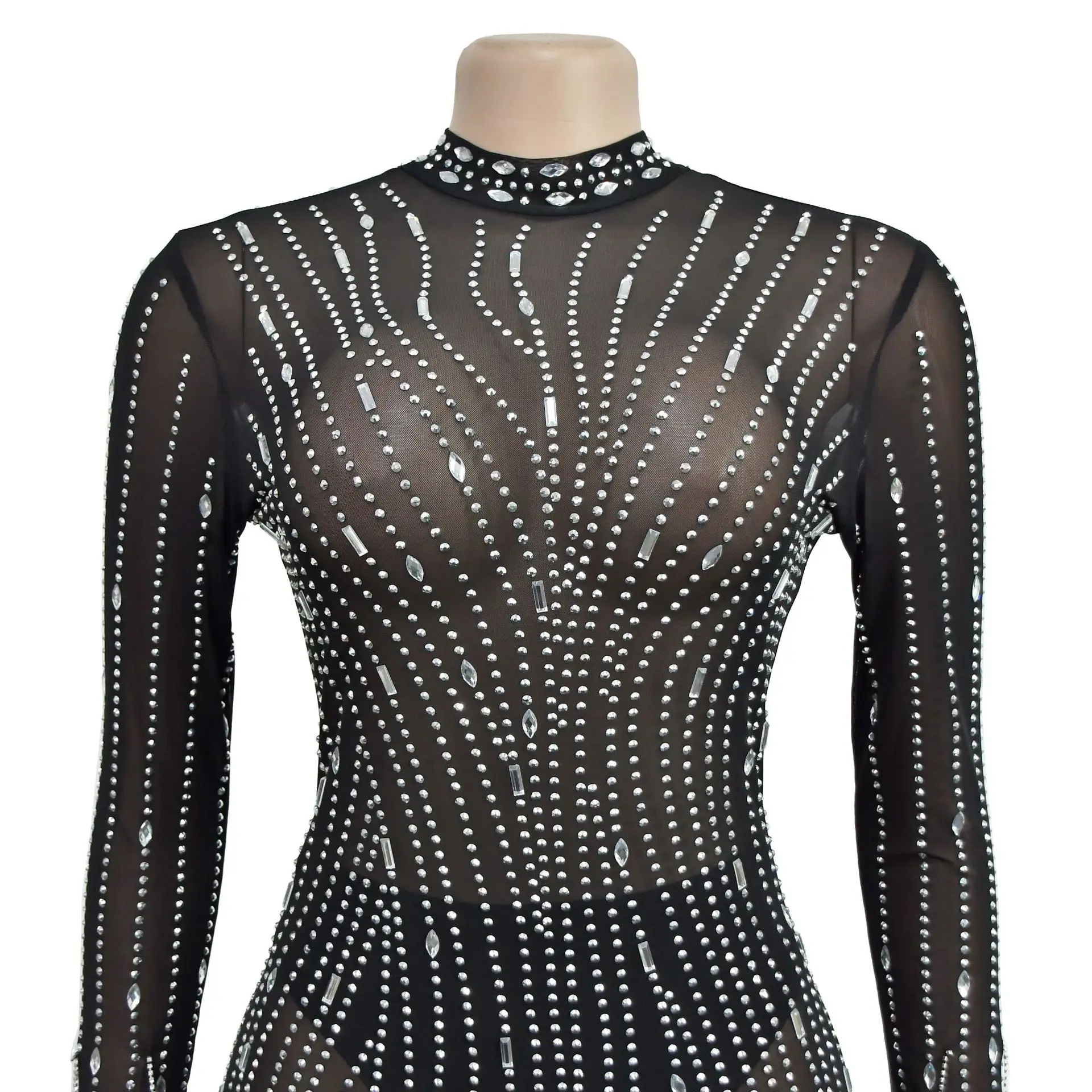 CM.YAYA 2024 Women Long Sleeve Mesh See Through Diamonds Hot Rhinestones Bodycon Dress Woman Maxi Long Evening Birthday Dresses
