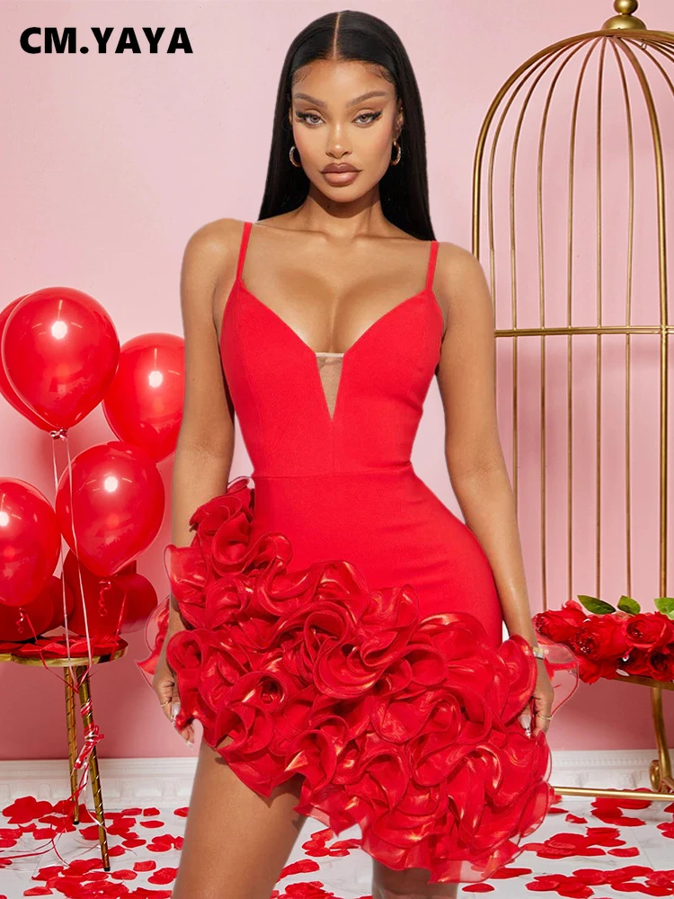 CM.YAYA Women V-neck Strap Mult Ruffles Sleeveless Bodycon Mini Dress Sexy Evening Night Party Club irregular Vestidos Dresses CM.YAYA Women V-neck Strap Mult Ruffles Sleeveless Bodycon Mini Dress Sexy Evening Night Party Club irregular Vestidos Dresses