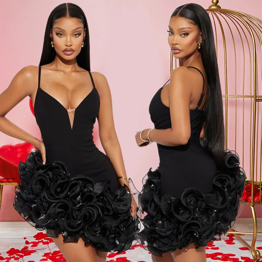 CM.YAYA Women V-neck Strap Mult Ruffles Sleeveless Bodycon Mini Dress Sexy Evening Night Party Club irregular Vestidos Dresses