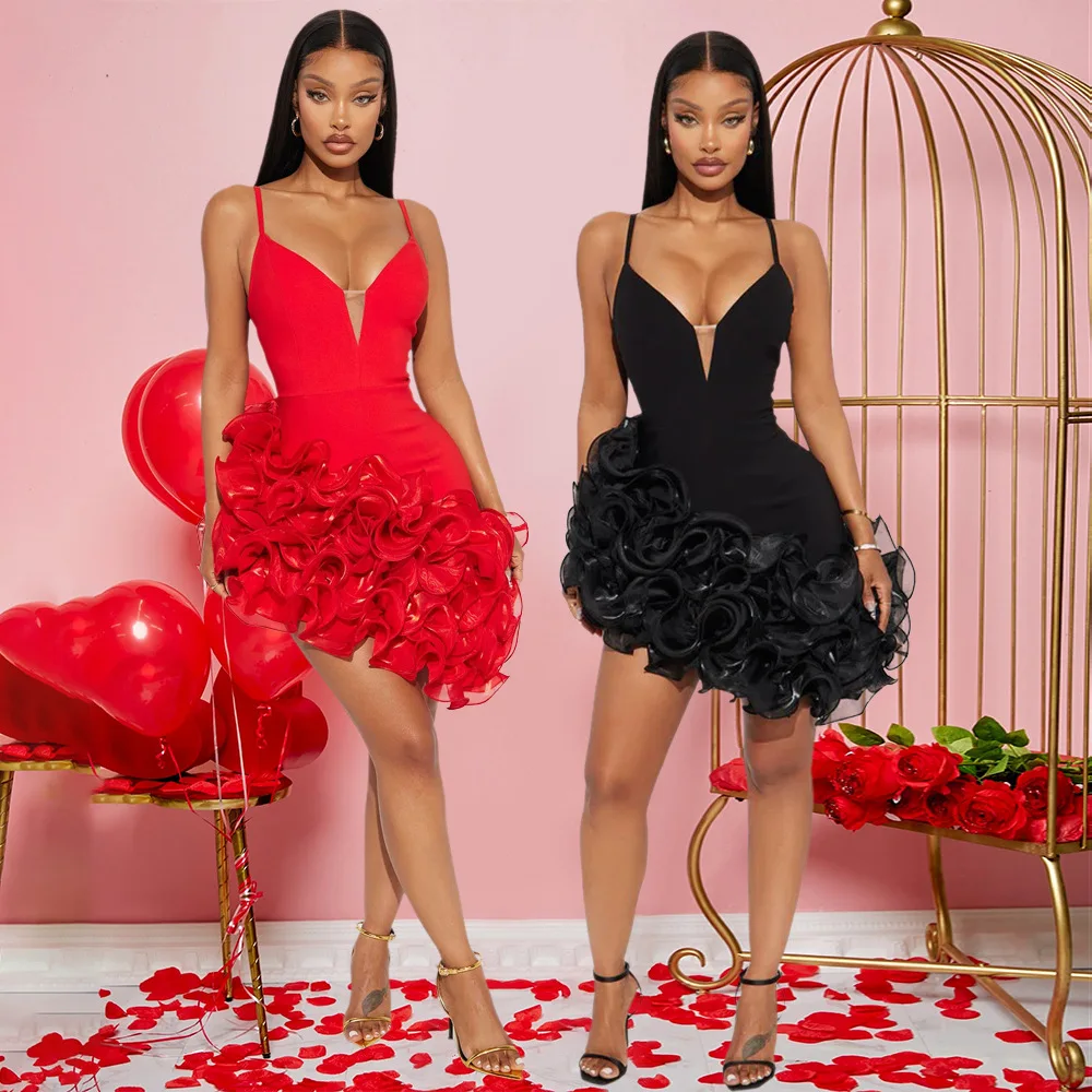 CM.YAYA Women V-neck Strap Mult Ruffles Sleeveless Bodycon Mini Dress Sexy Evening Night Party Club irregular Vestidos Dresses