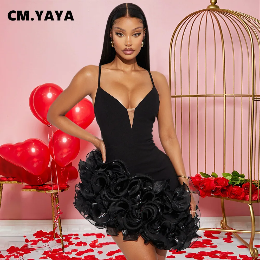 CM.YAYA Women V-neck Strap Mult Ruffles Sleeveless Bodycon Mini Dress Sexy Evening Night Party Club irregular Vestidos Dresses CM.YAYA Women V-neck Strap Mult Ruffles Sleeveless Bodycon Mini Dress Sexy Evening Night Party Club irregular Vestidos Dresses