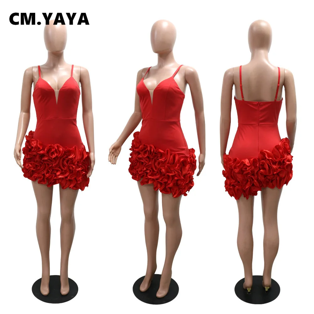 CM.YAYA Women V-neck Strap Mult Ruffles Sleeveless Bodycon Mini Dress Sexy Evening Night Party Club irregular Vestidos Dresses CM.YAYA Women V-neck Strap Mult Ruffles Sleeveless Bodycon Mini Dress Sexy Evening Night Party Club irregular Vestidos Dresses
