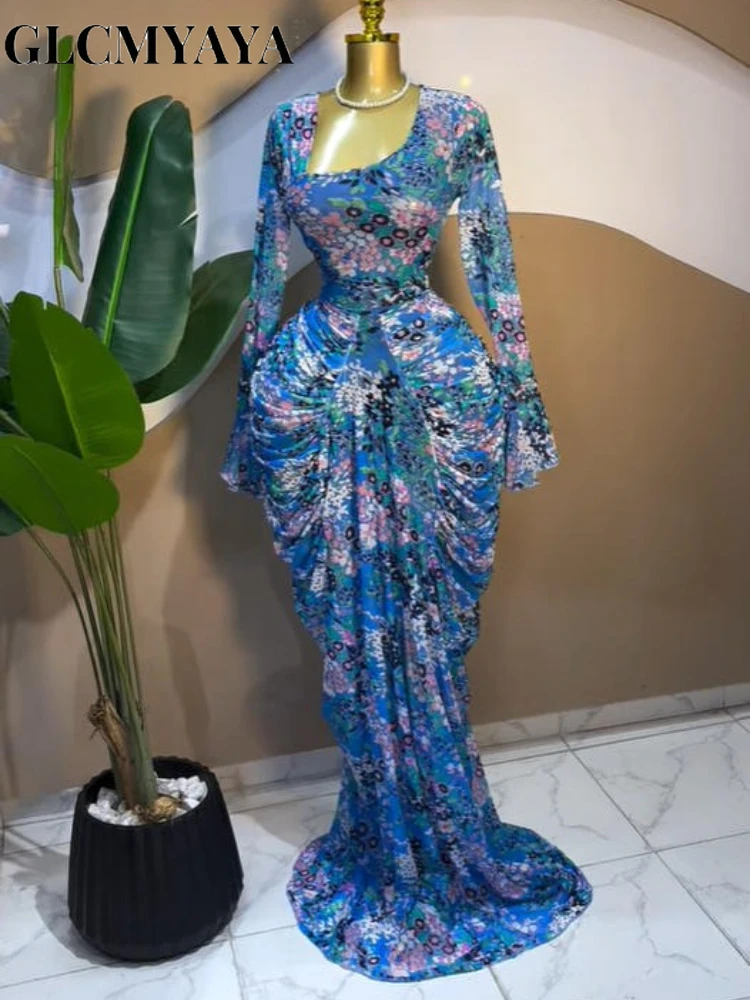 CM.YAYA Women Floral asymmetrical Neckline Ruched Long Dress 2026 Elegant Birthday Party Long Sleeve Stacked Midi Maxi Dresses