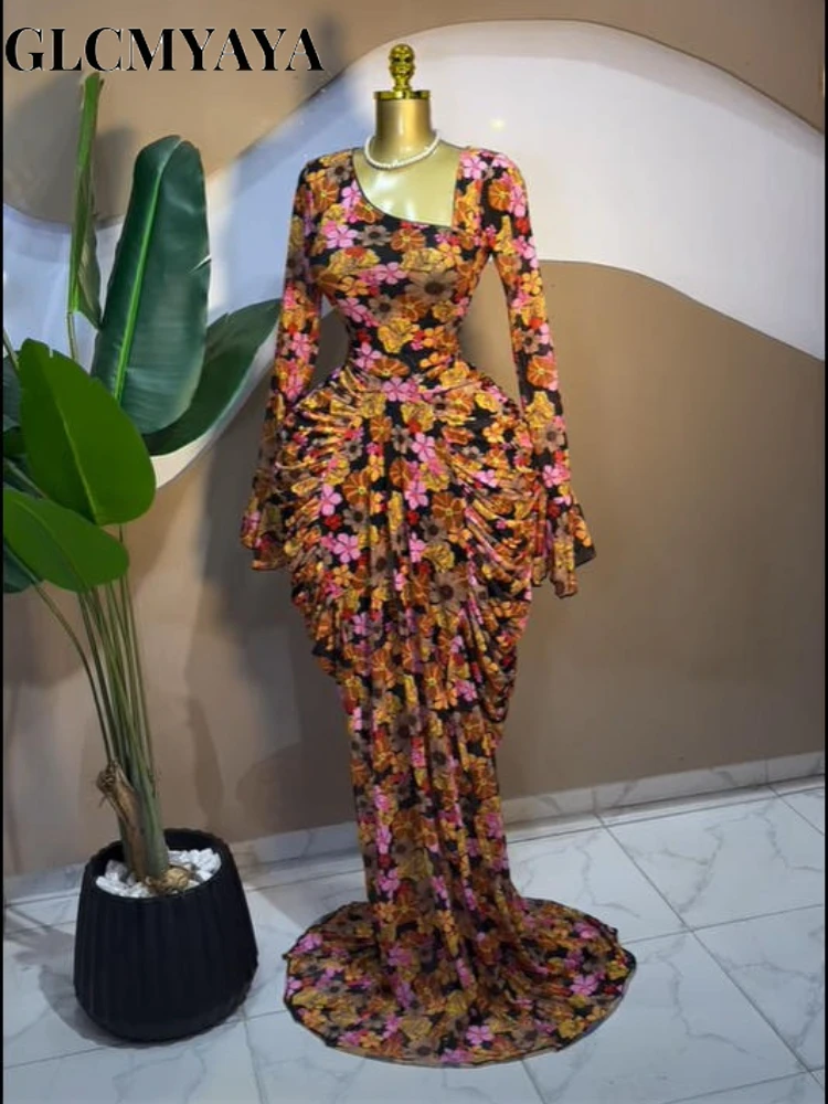 CM.YAYA Women Floral asymmetrical Neckline Ruched Long Dress 2026 Elegant Birthday Party Long Sleeve Stacked Midi Maxi Dresses