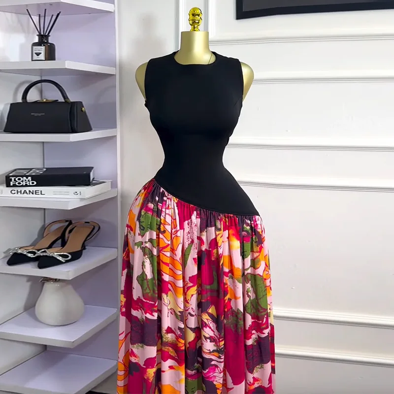 CM.YAYA Women Sleeveless with Sashes Printed Patchwork Tank Long Maxi Dress 2025 Birthday Evening Sexy Party Dresses Vestidos CM.YAYA Women Sleeveless with Sashes Printed Patchwork Tank Long Maxi Dress 2025 Birthday Evening Sexy Party Dresses Vestidos