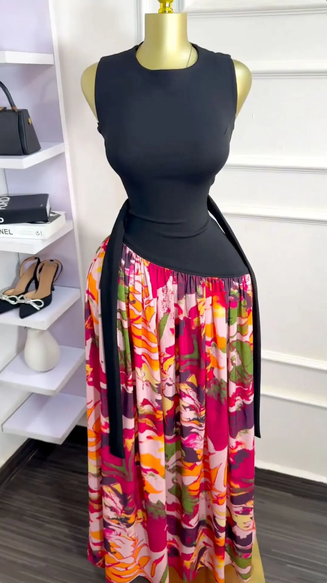 CM.YAYA Women Sleeveless with Sashes Printed Patchwork Tank Long Maxi Dress 2025 Birthday Evening Sexy Party Dresses Vestidos CM.YAYA Women Sleeveless with Sashes Printed Patchwork Tank Long Maxi Dress 2025 Birthday Evening Sexy Party Dresses Vestidos