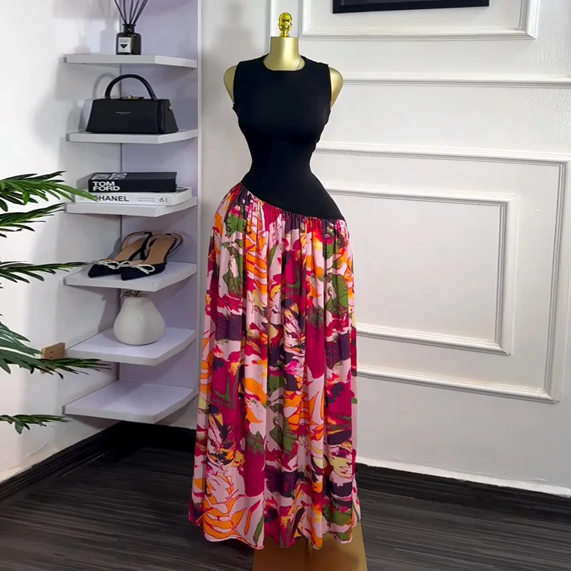 CM.YAYA Women Sleeveless with Sashes Printed Patchwork Tank Long Maxi Dress 2025 Birthday Evening Sexy Party Dresses Vestidos CM.YAYA Women Sleeveless with Sashes Printed Patchwork Tank Long Maxi Dress 2025 Birthday Evening Sexy Party Dresses Vestidos