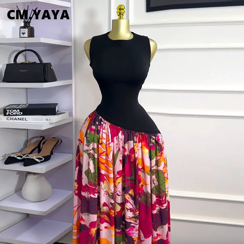 CM.YAYA Women Sleeveless with Sashes Printed Patchwork Tank Long Maxi Dress 2025 Birthday Evening Sexy Party Dresses Vestidos