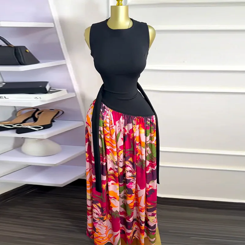 CM.YAYA Women Sleeveless with Sashes Printed Patchwork Tank Long Maxi Dress 2025 Birthday Evening Sexy Party Dresses Vestidos CM.YAYA Women Sleeveless with Sashes Printed Patchwork Tank Long Maxi Dress 2025 Birthday Evening Sexy Party Dresses Vestidos