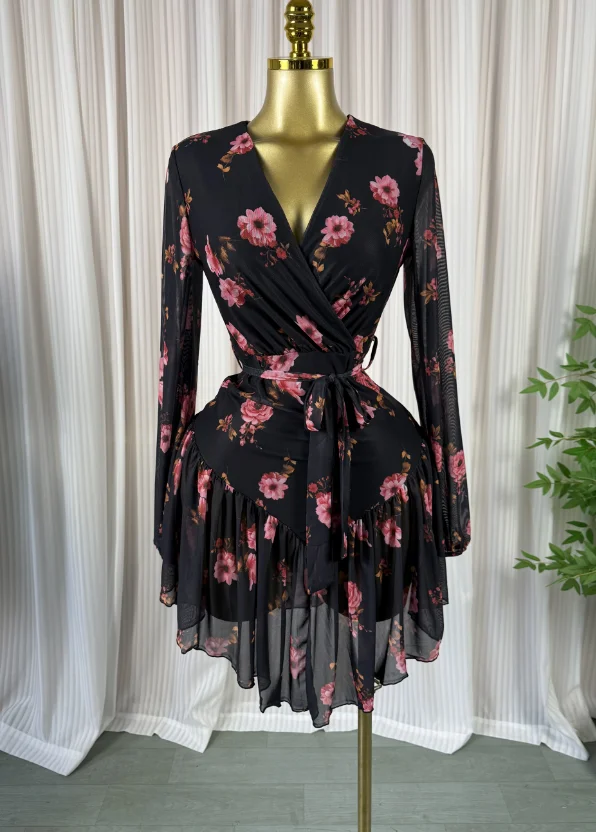 GLCMYAYA Women Floral Printed Ruffles Long Sleeve Wrap V-neck A-line Dress 2026 Birthday Vacation Street Beach Dresses Vestidos