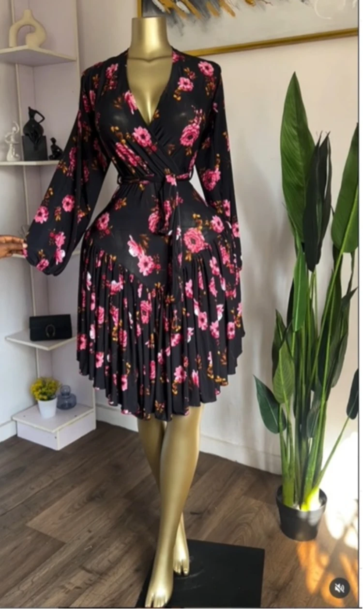 GLCMYAYA Women Floral Printed Ruffles Long Sleeve Wrap V-neck A-line Dress 2026 Birthday Vacation Street Beach Dresses Vestidos